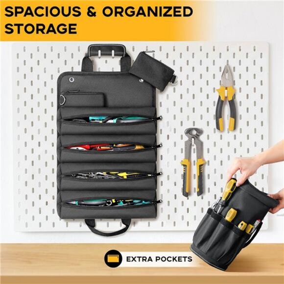 Heavy Duty Roll-Up Tool Bag with 2 Detachable Zipper Pouches, Compact - Picture 3 of 7